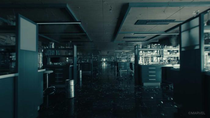 A CG Science lab in Marvel's Thunderbolts. The digital environment has been stretched using visual effects