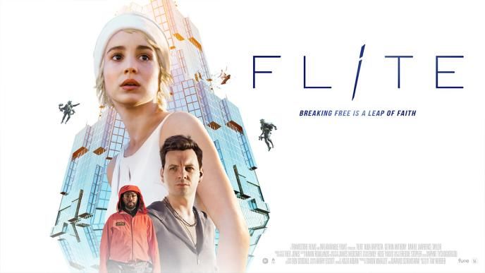 FLITE movie poster, highlighting cutting-edge visual effects including 3D model integration, compositing of flying individuals, and a futuristic urban environment created with digital production techniques.