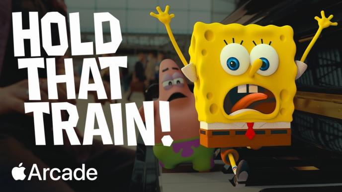 A CG animated Spongebob Squarepants and Patrick Star frantically run across a piano