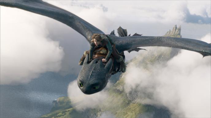 Hiccup from How to Train Your Dragon riding a photoreal animated dragon through the sky.