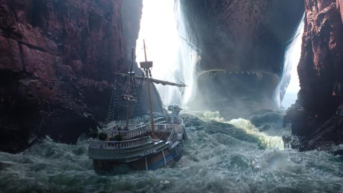 The ship from the live action ONE PIECE braves treacherous waters and heads towards a giant whale
