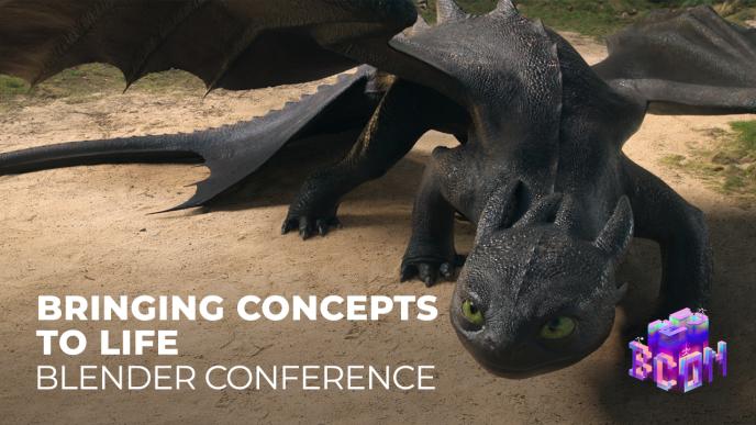 A photoreal Toothless from How to Train Your Dragon, with the Blender conference logo on the bottom right hand side and white text.