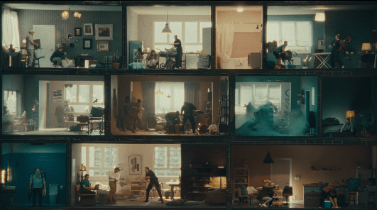 A stylized, cinematic cross-section of an apartment building with three floors and multiple rooms, each depicting different dramatic or action-packed scenes