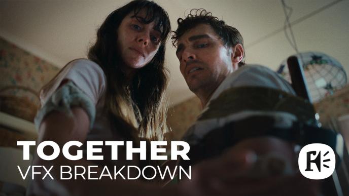 An image of a Alison Brie and Dave Franco sweaty looking down at the camera, there is the text Together VFX breakdown in the bottom left and the Framestore logo in the bottom right.