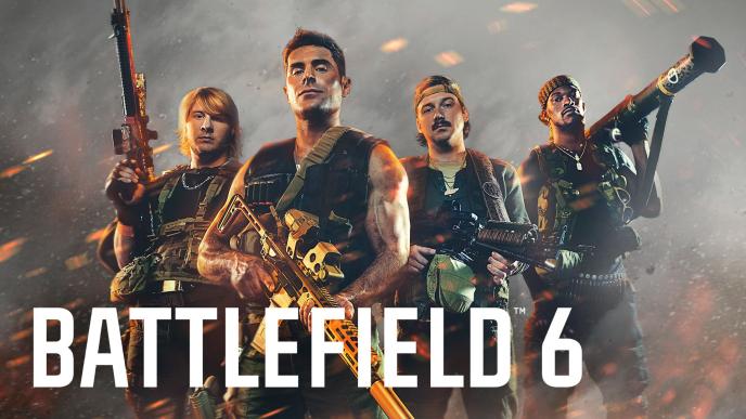 Four armed soldiers stand confidently amid flying sparks and smoke, holding various weapons, with bold white text reading “Battlefield 6.”