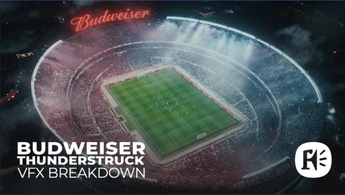 Aerial view of a brightly lit stadium at night with “Budweiser” signage, surrounded by mist, labeled “VFX Breakdown.”