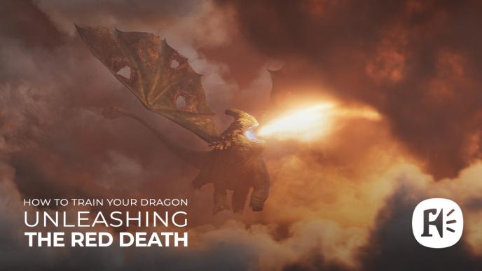 A photo-realistic CGI rendering of the Red Death flying through the air spewing flames from its mouth.