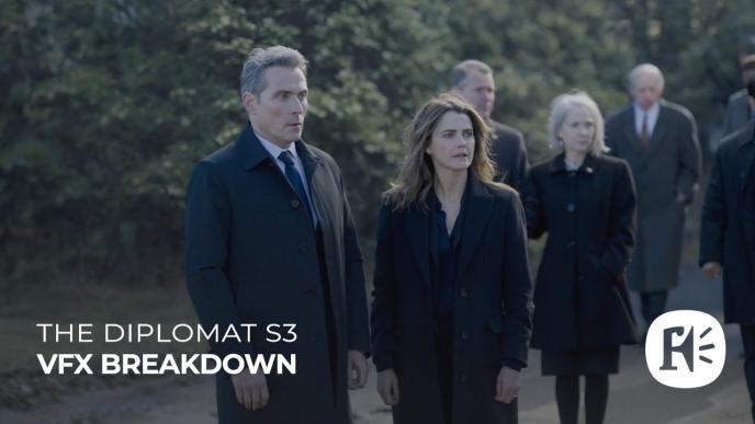 Kate Wyler (Keri Russell) and Hal Wyler (Rufus Sewell) in The Diplomat season 3. The two are in dark coats stand outdoors, appearing concerned as they look toward something unseen ahead together.