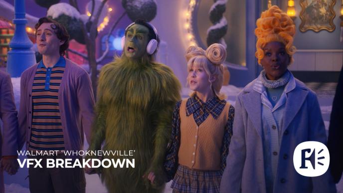 Four whimsical, brightly dressed characters—one being the Grinch with headphones—stand close together in a snowy Whoville, singing cheerfully. Text is on the image that says Walmart 'Whoknewville' VFX breakdown