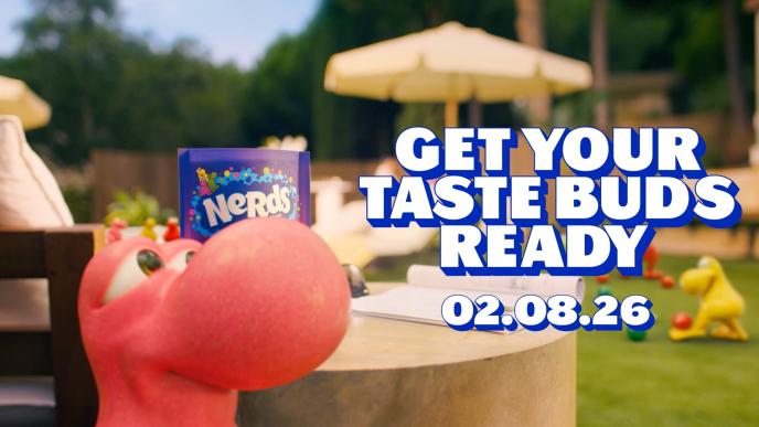 A photo of a CG animated Nerds candy and the text says Get Your Taste Buds Ready 02.08.26