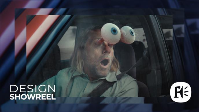 Man driving car with exaggerated googly eyes protruding, looking shocked; there is text overlayed that says "Design Showreel" with the Framestore logo