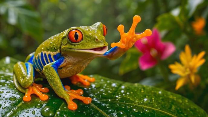 Colorful CG animated red-eyed tree frog with orange feet perched on a wet tropical leaf, reaching forward amid bright flowers.