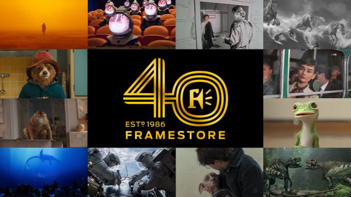 A collage of Framestore projects with the gold Framestore 40th anniversary logo in the centre.