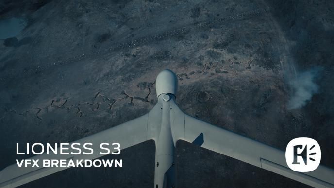 Aerial view of an aircraft flying over a war-torn landscape, with “LIONESS S3 VFX BREAKDOWN” text and a Framestore logo.