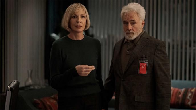 Allison Janey as President Grace Penn and Bradley Whitford as First Gentleman Tom Penn in Netflix's The Diplomat Season 4 stand looking concerned