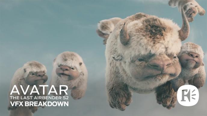 CG animated flying bison and four fluffy calves appear beside text reading “Avatar: The Last Airbender S2 VFX Breakdown.”
