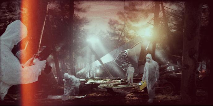 Disclosure Day concept art showing a UFO crash site being analysed by scientists