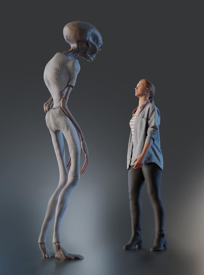 Disclosure Day concept art showing a tall alien design alongside a human for reference