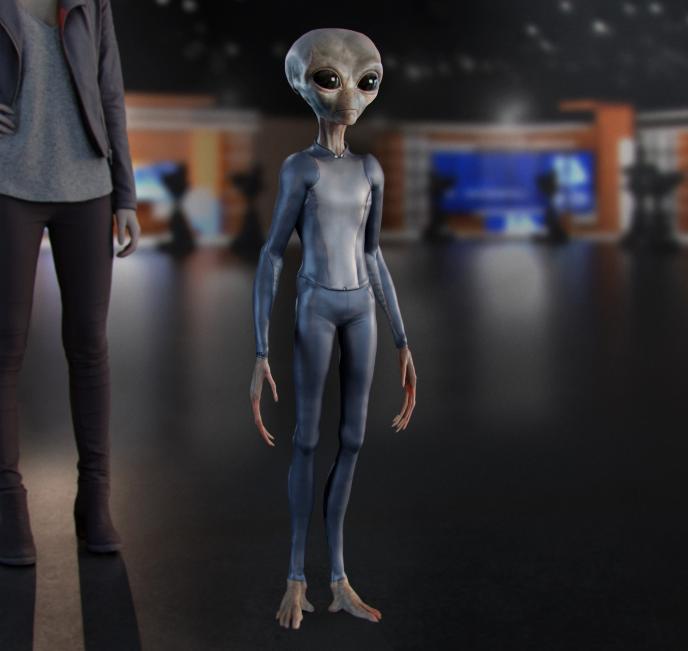 Disclosure Day concept art showing a short alien design alongside a human for height reference