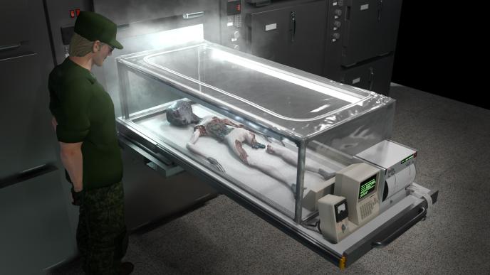 Disclosure Day concept art showing an alien body in a glass container