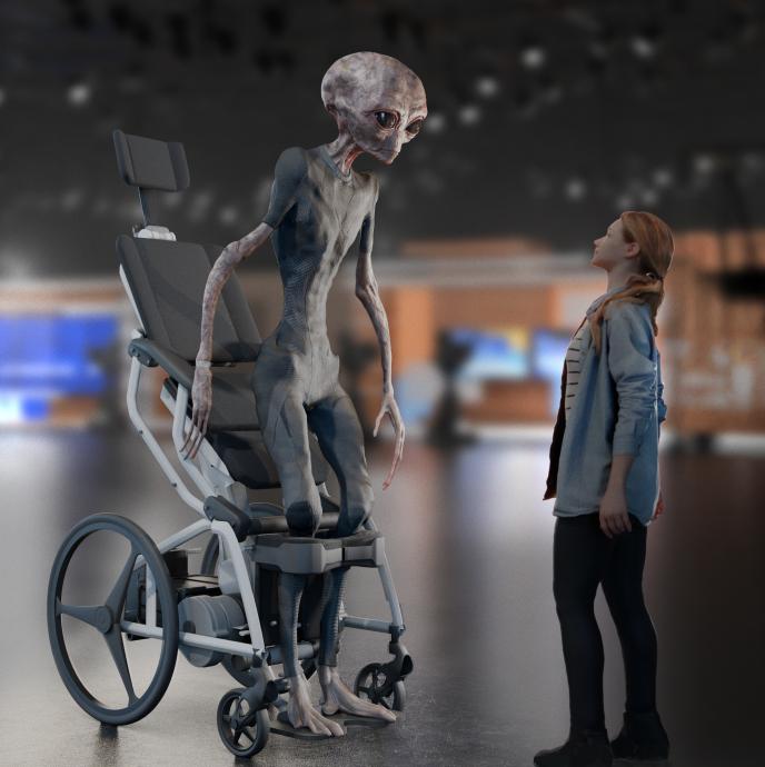Disclosure Day concept art showing a tall alien in a specially designed wheelchair alongside a human for reference