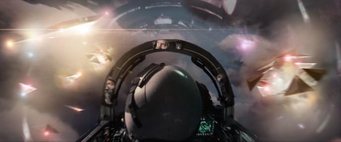 Disclosure Day concept art showing a fighter pilot in his cockpit looking at various UFOs amongst the clouds