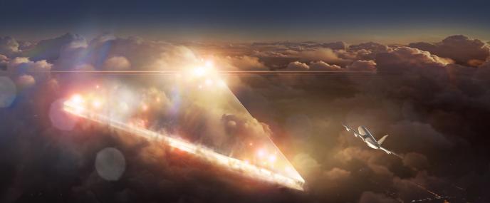 Concept art from Disclosure Day, showing a triangular UFO emerging from the clouds in front of an aircraft