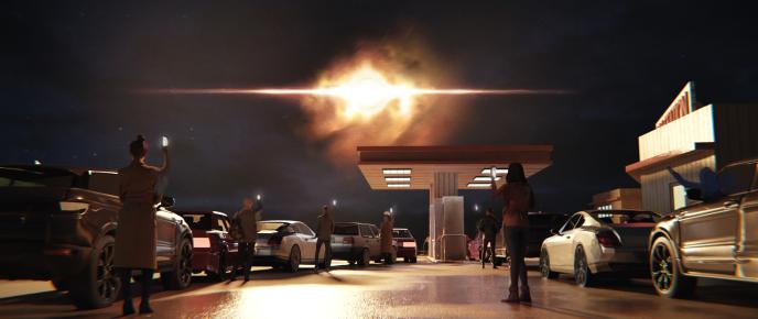 Concept art showing a mysterious UFO shining in the sky above a gas station, with people leaving their cars to take pictures