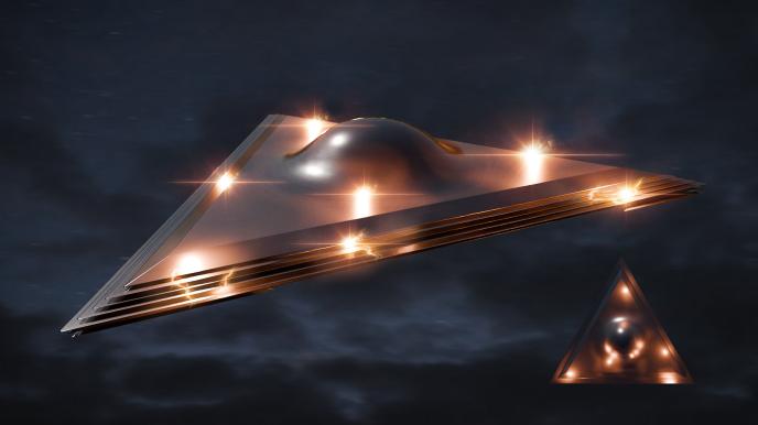 A UFO design for Disclosure Day showing a triangular metal craft