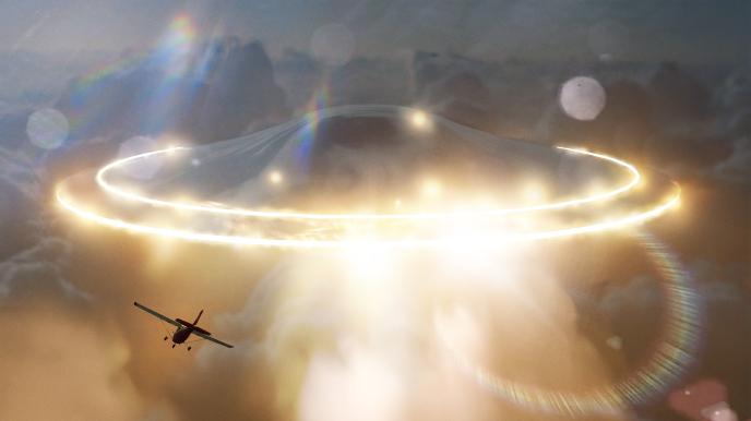 Disclosure Day concept art showing a circular UFO emitting bright light above the clouds and a small plane