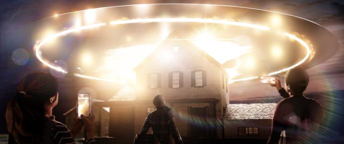 Concept art for Disclosure Day depicting a UFO emitting bright light above a suburban house with onlookers taking pictures