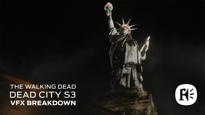 Nighttime Statue of Liberty image with “The Walking Dead: Dead City S3 VFX Breakdown” text and Framestore logo.