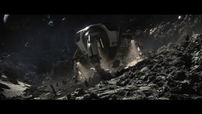 A small spaceship lands on the surface of an asteroid