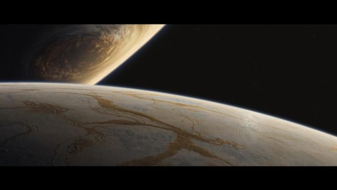 The surface of one planet, looking towards another