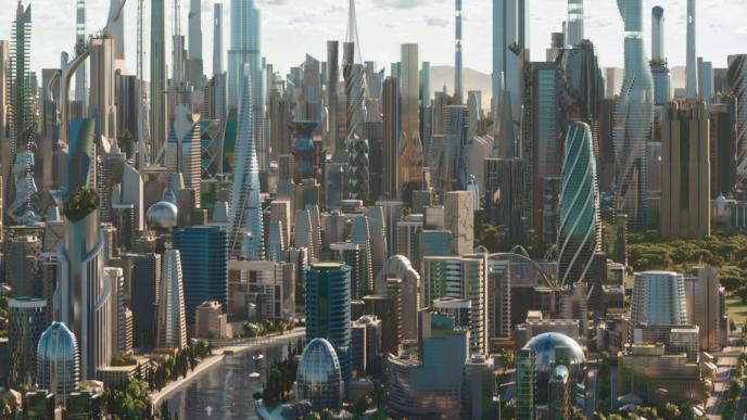 futuristic image of dubai with interesting looking skyscrapers across the city that has a river going through it
