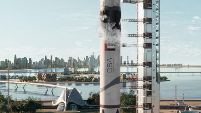 futuristic image of dubai and a space shuttle station
