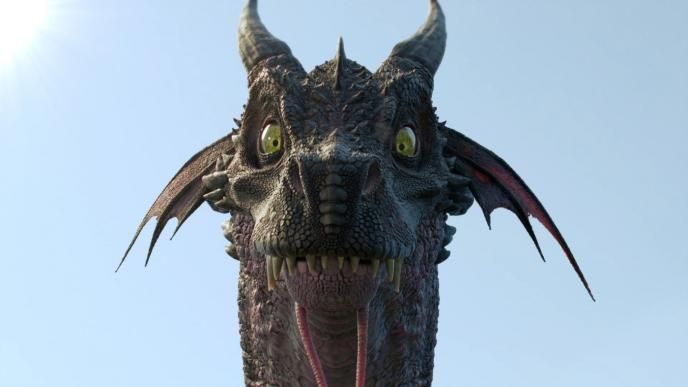 a close up shot of the face of an animated dragon. it has surprised expression on its face