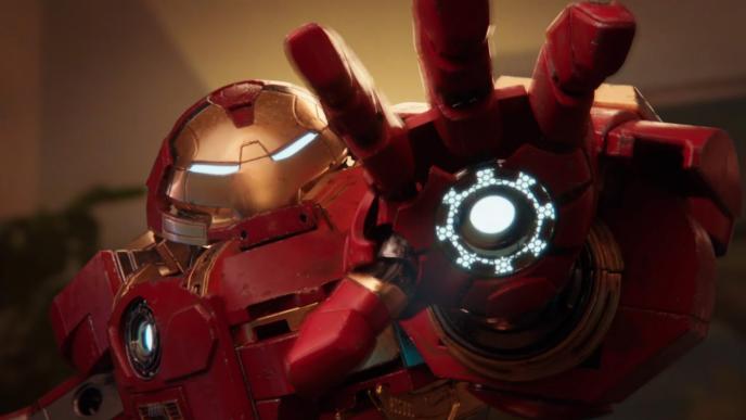 close up shot of iron man with this illuminated palm up