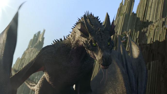 a front shot of an animated dragon with its wings down