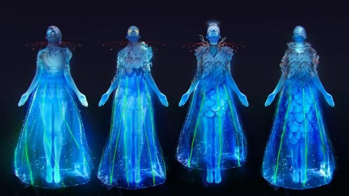 four water themed characters standing side by side showcasing dresses and outfits
