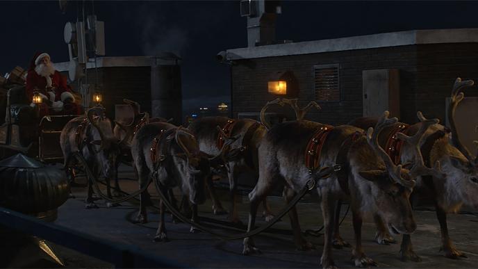 santa claus and six reindeer in a sleigh