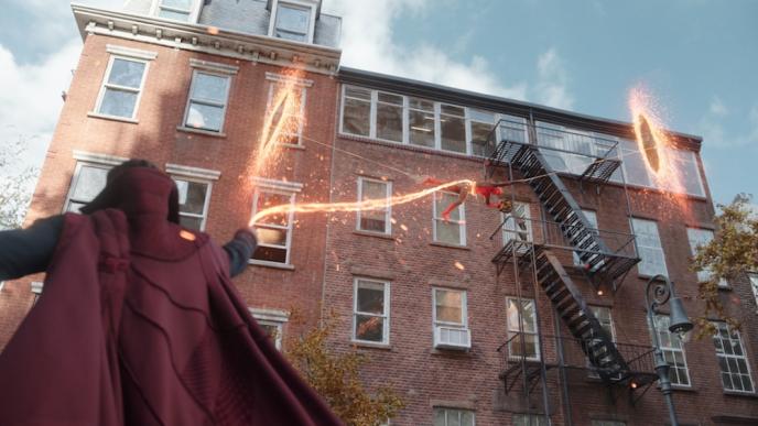 Doctor Strange uses his magic to pursue Spider-Man