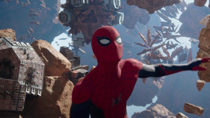 Spider-Man inside the Mirror Dimension, surrounded by fragments of Grand Canyon and city