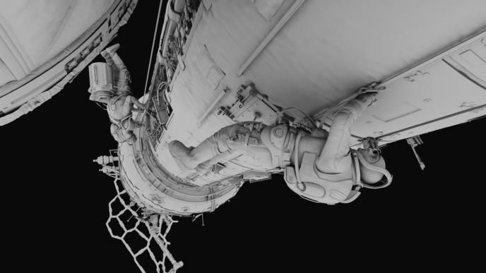 A before shot of an astronaut outside a spaceship