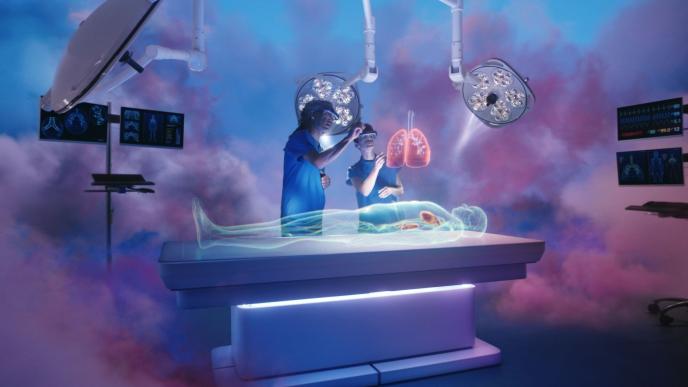 a futuristic doctor's operating table with two surgeons examining a holographic set of lungs suspended in air. there is a hologram of a person laying on the operating table. there are surgery screens and colourful mist surrounding the area