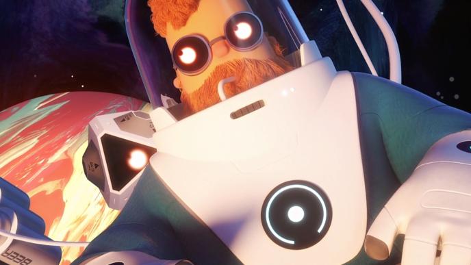 a close up shot of an animated astronaut looking away. the planet jupiter is in the background