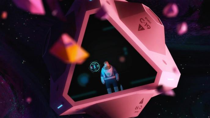 an animated astronaut inside of a space shuttle standing in front of a window while floating in space