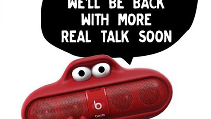 beats pill character with conversation bubble 'goodnight. we'll be back with more real talk soon'