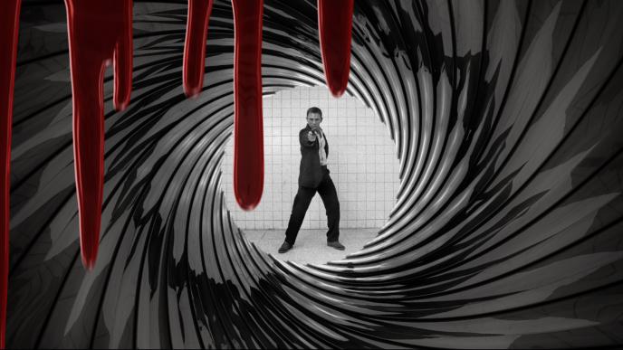 actor daniel craig pointing a gun in the centre of a james bond themed animation