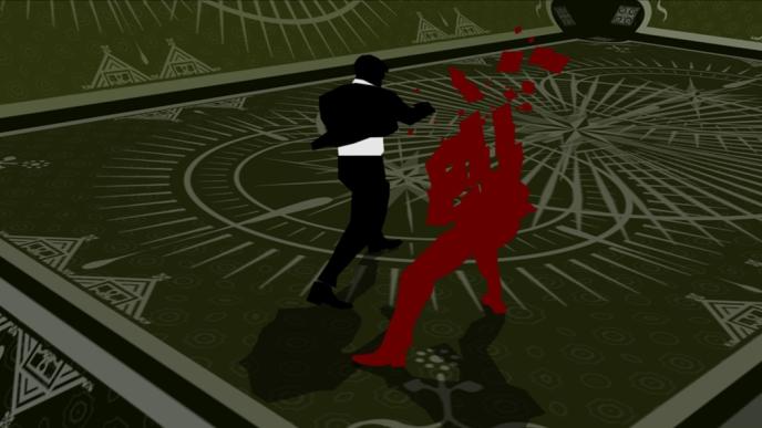 graphic animation of james bond character fighting on a game table